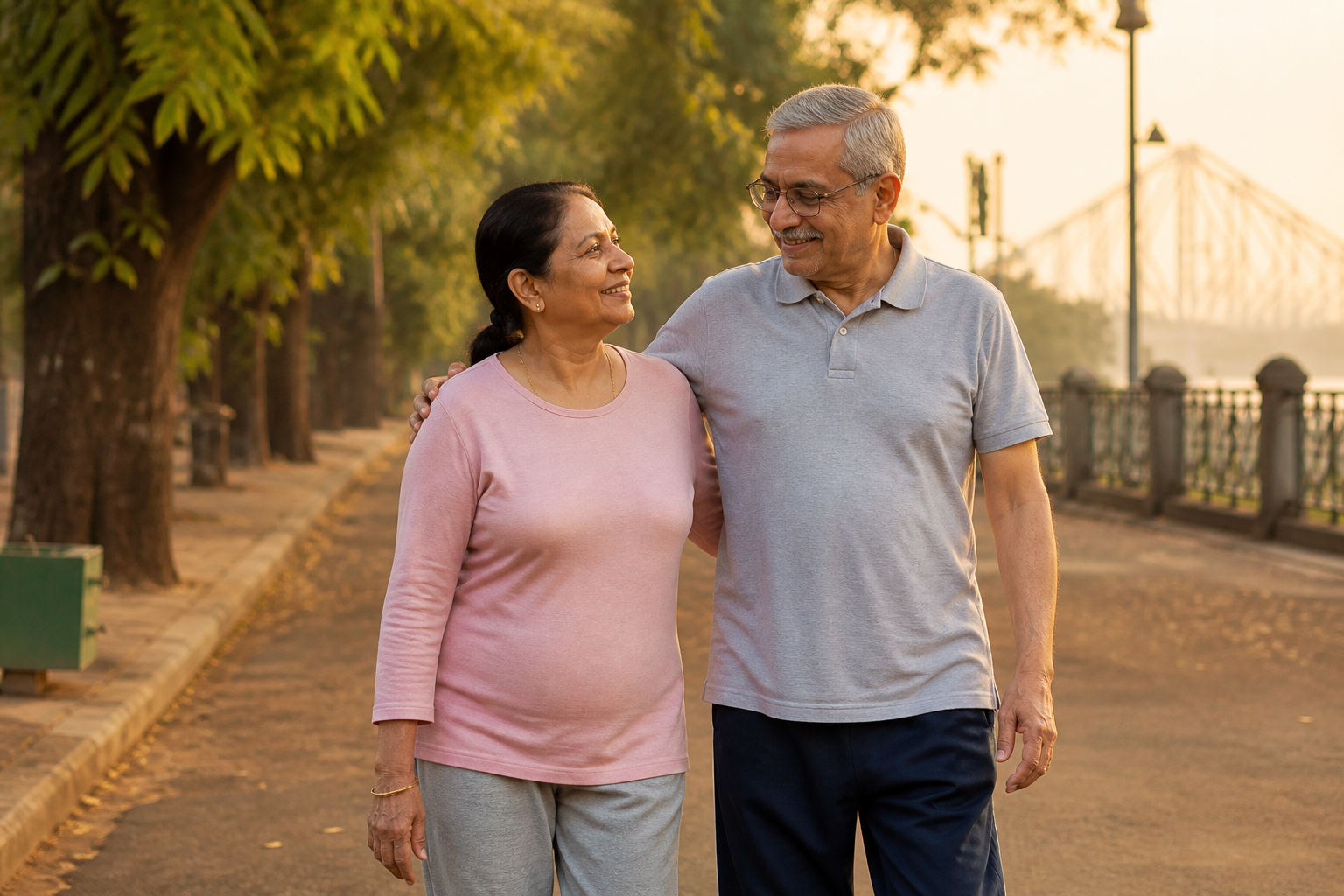An Indian senior couple walking together outdoors as part of a heart-healthy lifestyle